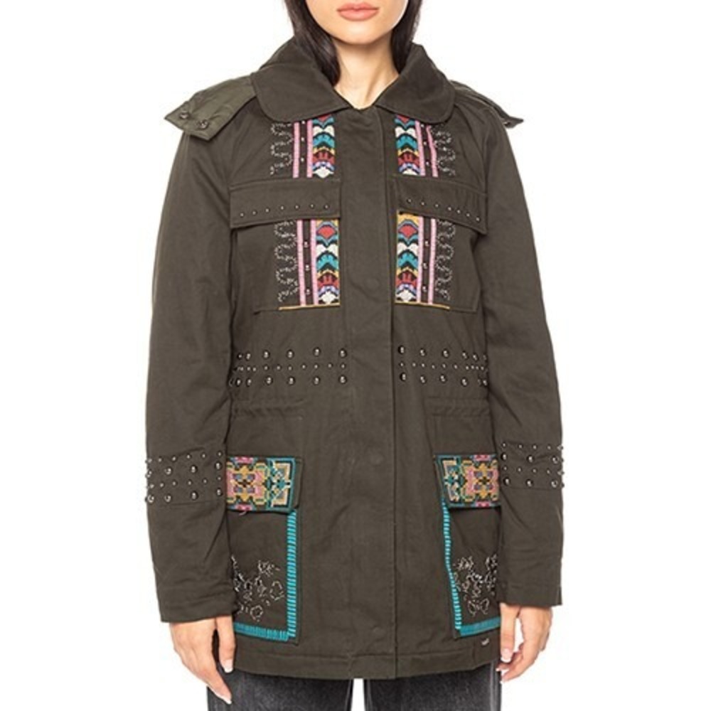 DESIGUAL Womens Lena Hooded Mid Length Parka Jacket Ethnic Embroidered Size 6 US
